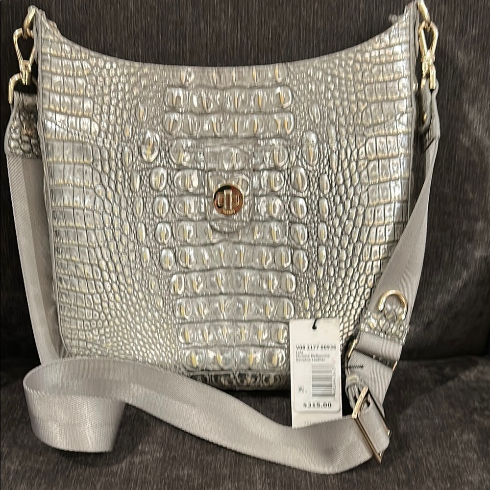 BRAHMIN Leia Chrome Silver Crocodile-Embossed Leather Cross Body Bag MINT